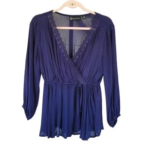 NEW YORK & COMPANY Faux Wrap Top Blouse Peplum Babydoll Navy Y2K XS‎